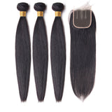 3 Bundle Deals With 4*4 Transparent Closure Straight Virgin Human Hair Natural Black