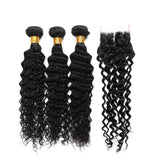 3 Bundle Deals With 4*4 Transparent  Closure Deep Curly Virgin Human Hair Natural Black