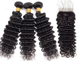 3 Bundle Deals With 4*4 Transparent  Closure Deep Wave Virgin Human Hair Natural Black