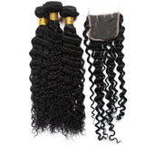 3 Bundle Deals With 4*4 Transparent  Closure Deep Curly Virgin Human Hair Natural Black