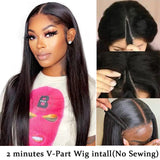 Straight #1B Natural Black V Part Wigs 100% Virgin Human Hair 180% Density