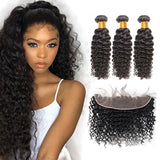 3 Bundle Deals With 13*4 Transparent Frontal Deep Curly Virgin Human Hair Natural Black