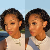 Bob Style Curly Pixie Cut Human Hair Lace Wig  Natural Black #1B