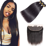 3 Bundle Deals With 13*4 Transparent Frontal Straight Virgin Human Hair Natural Black